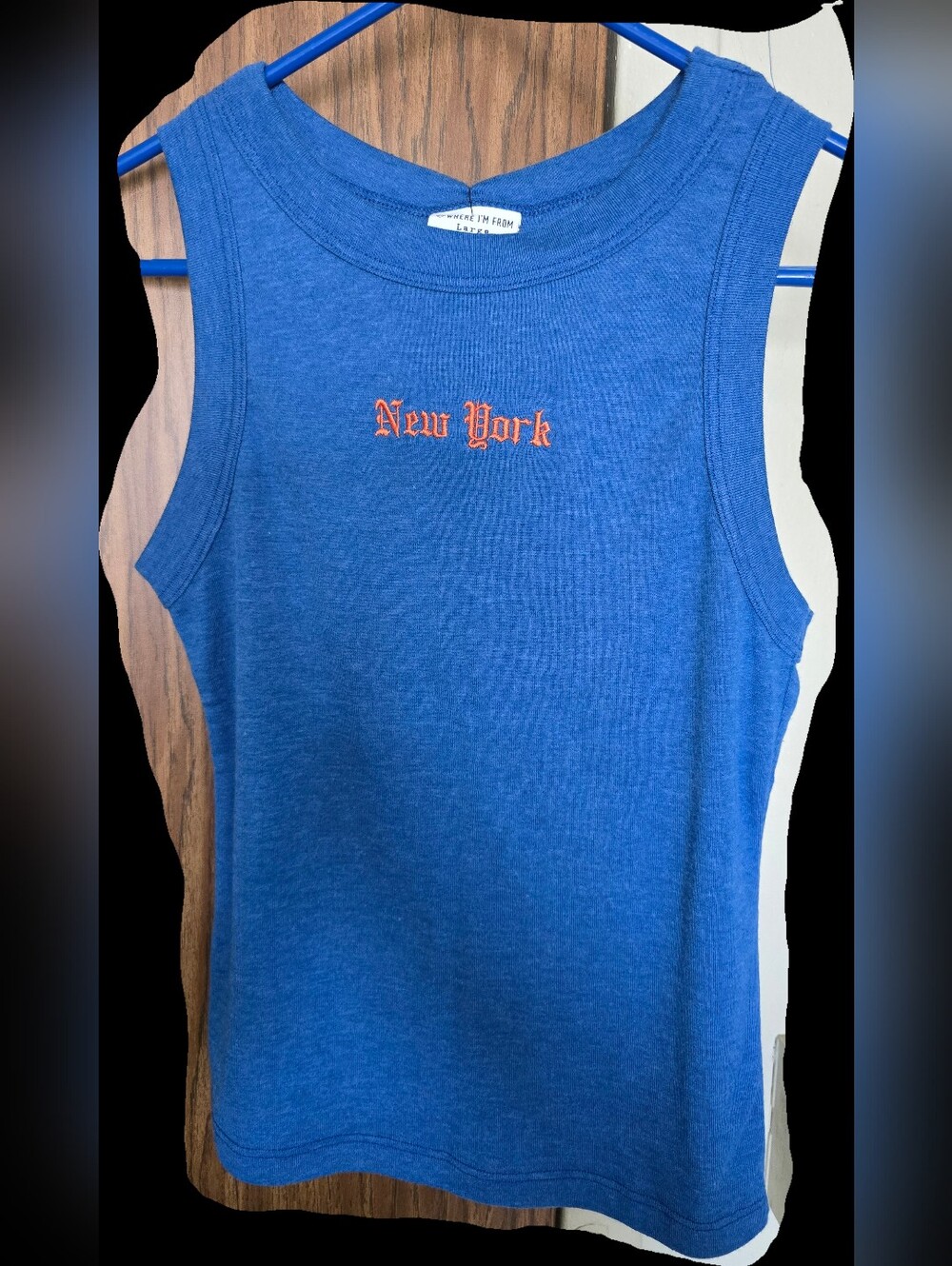 Blue Ribbed Tank Top with 'New York' Embroidery